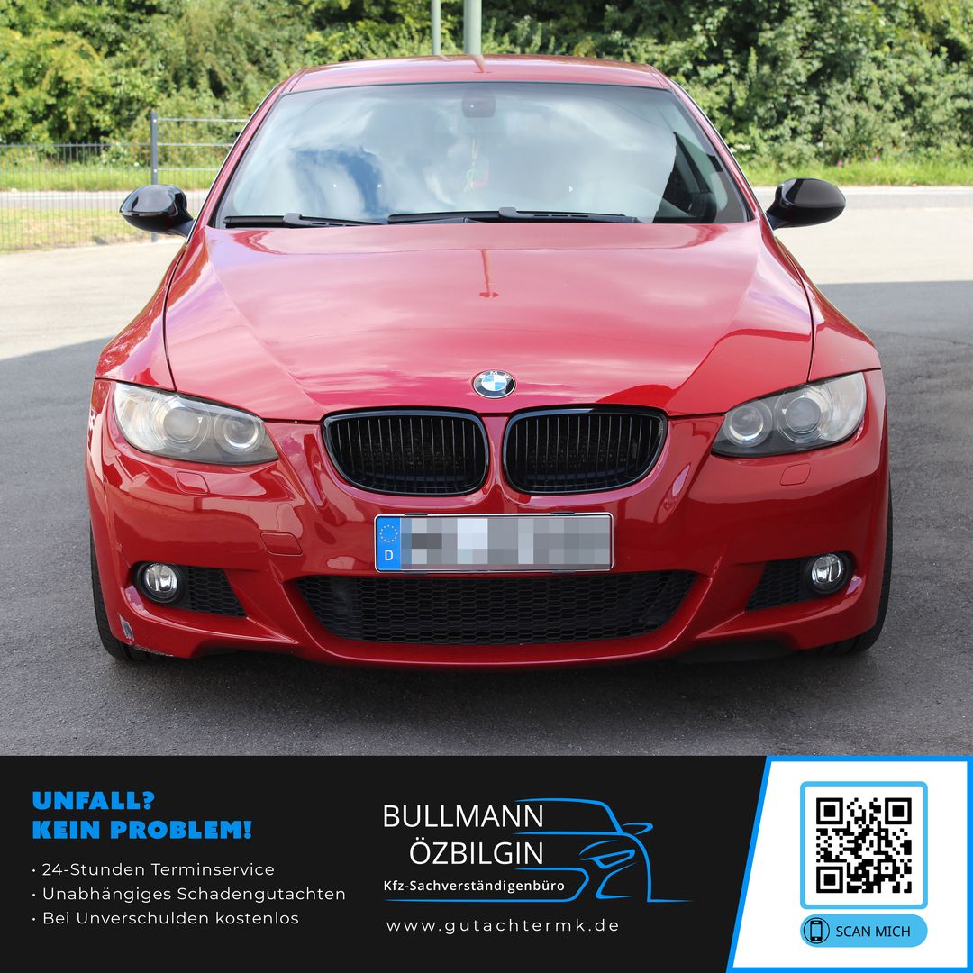 Frontansicht eines roten BMW 3er Coupé E92 für ein professionelles KFZ-Gutachten von Bullmann Özbilgin