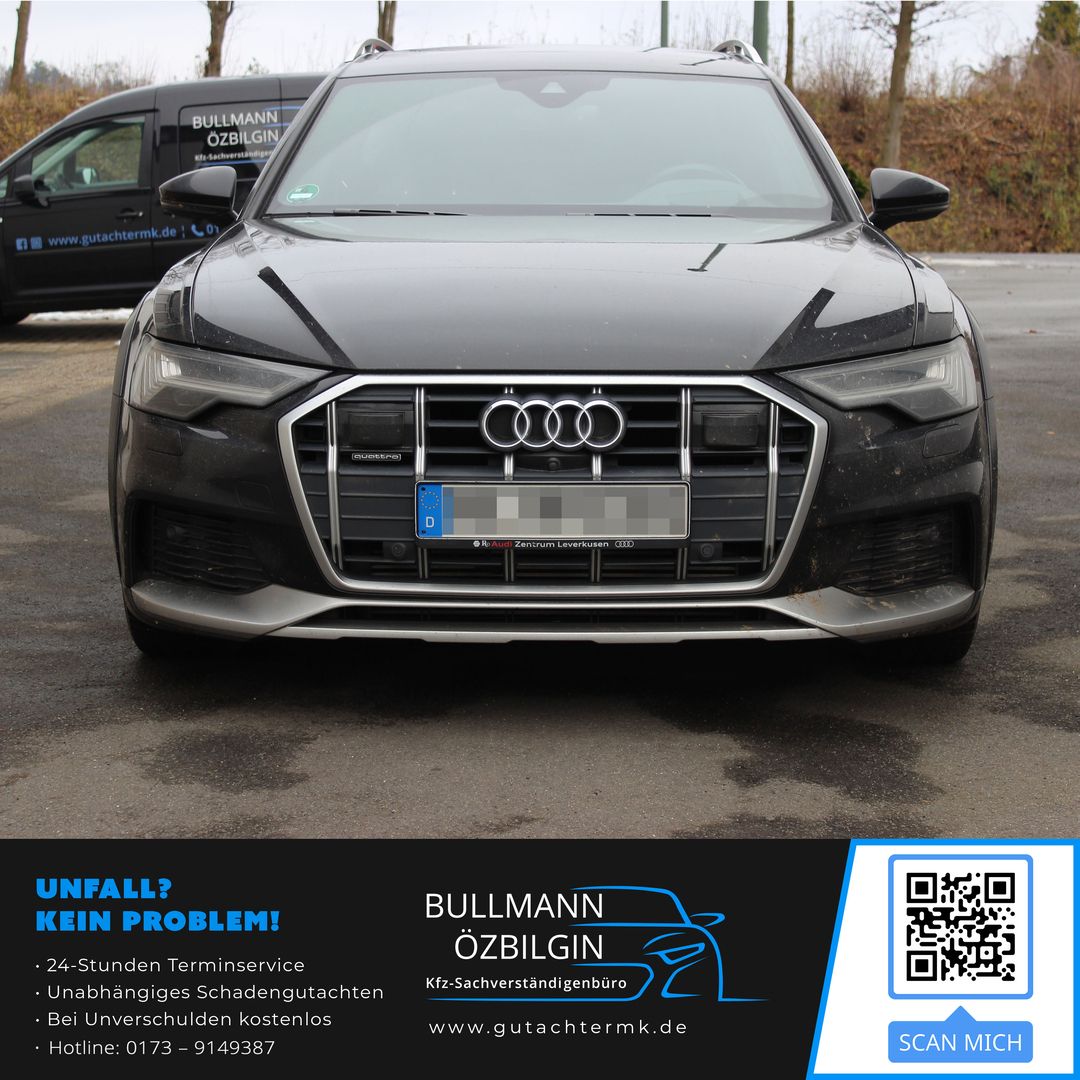 Frontansicht eines schwarzen Audi A6 C8 (F2) Avant zur Schadensaufnahme durch das Sachverständigenbüro Bullmann Özbilgin