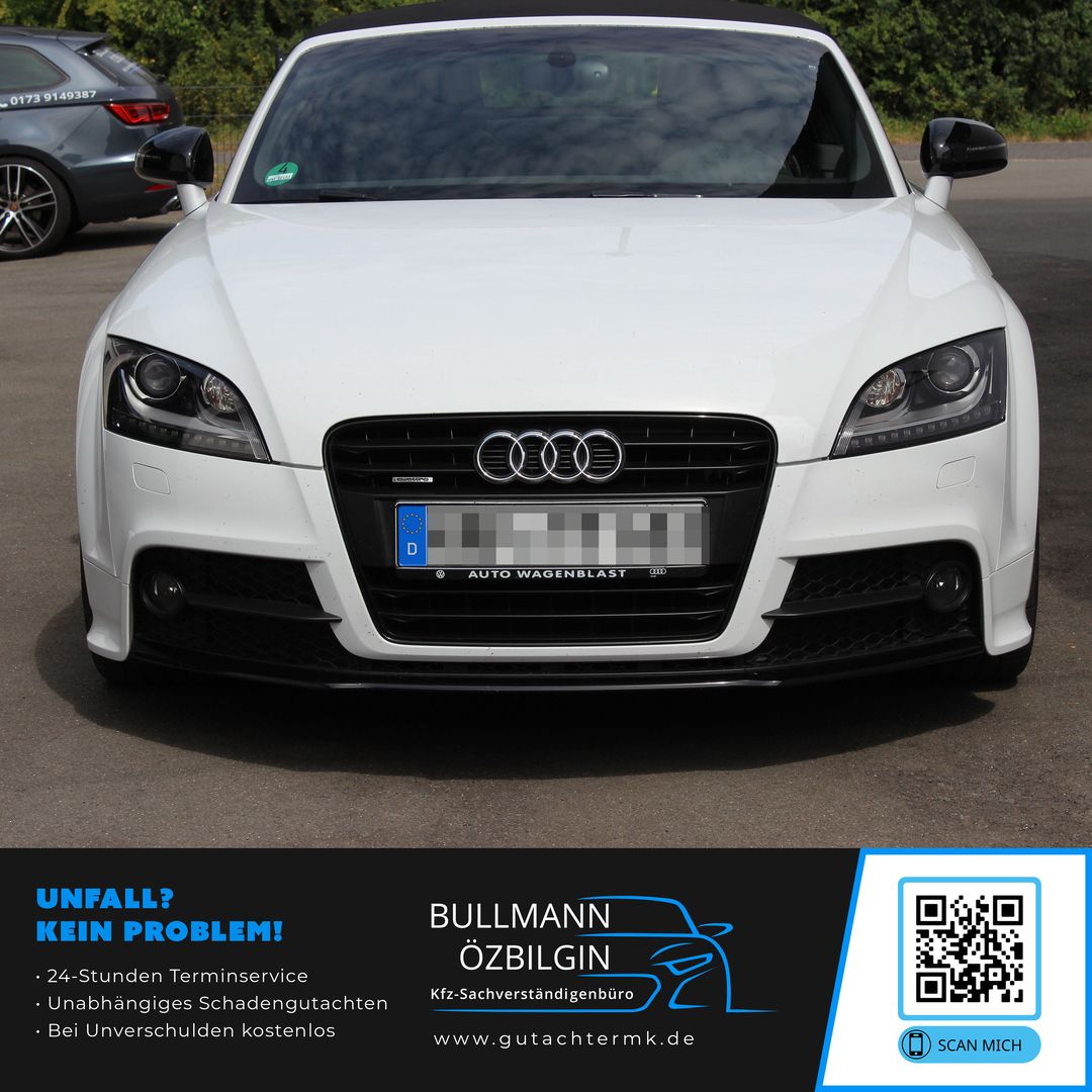 Frontansicht eines weißen Audi TT 8J Roadster für ein professionelles KFZ-Gutachten von Bullmann Özbilgin