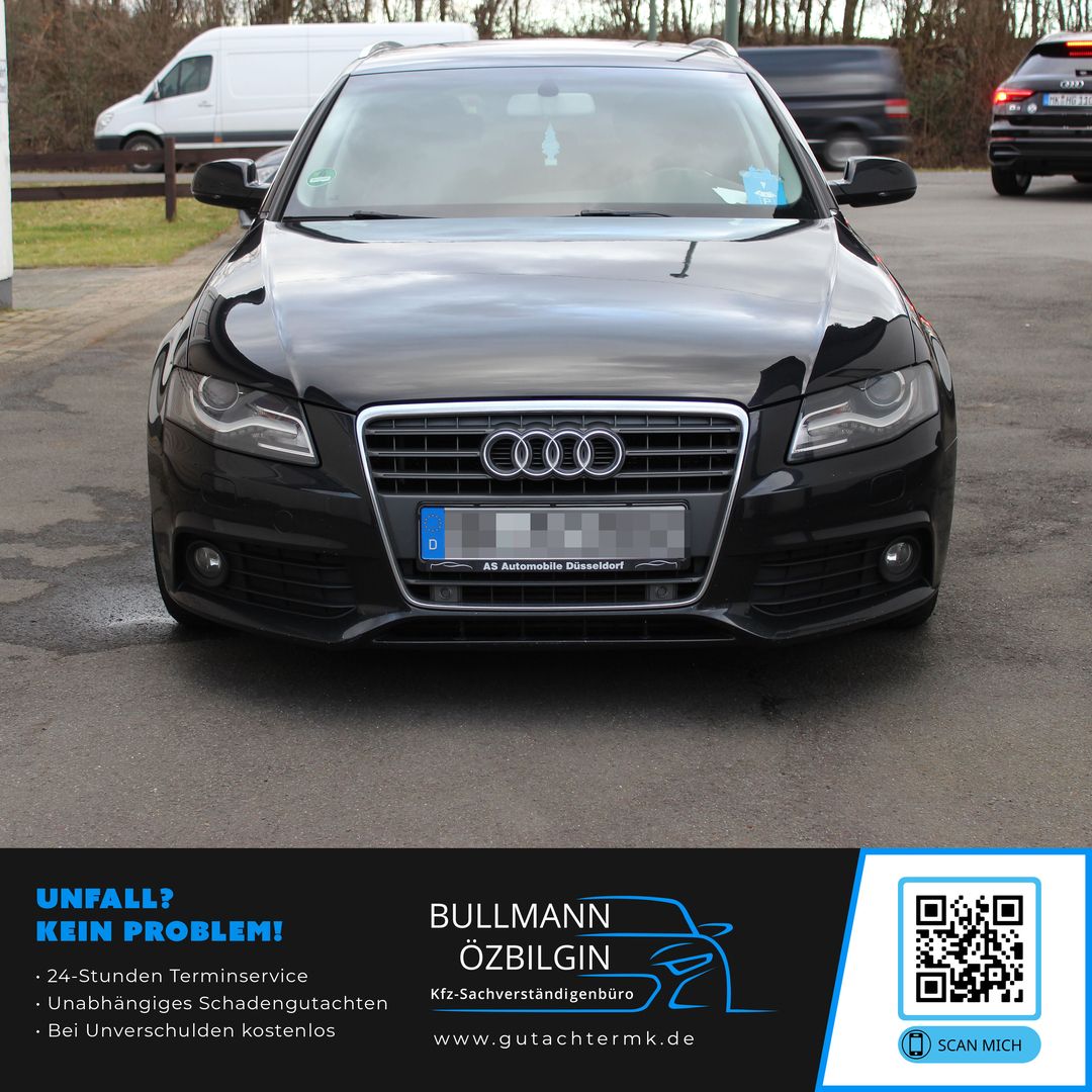 Frontansicht eines schwarzen Audi A4 Avant (8K) zur Schadensaufnahme für ein Kfz-Gutachten von Bullmann Özbilgin